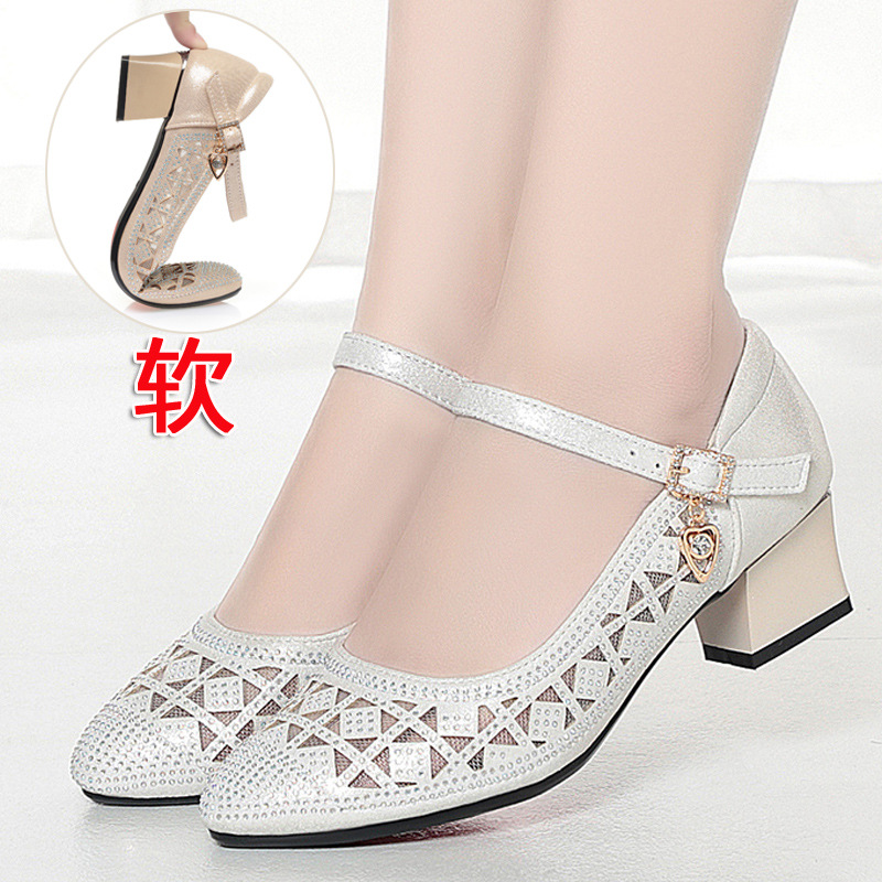 Sandal nữ lưới da thật gót 4.5 cm đế mềm dáng hở mũi — Vàng【Gót trung 4.5cm】