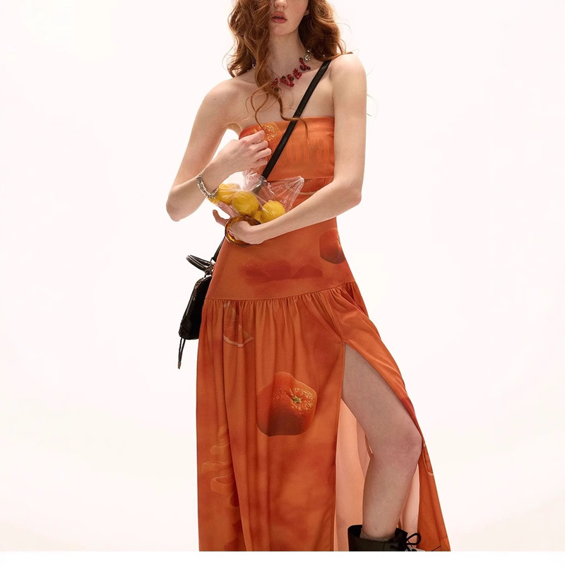 Mamc Orange Vacation Strapless Dress 2025 Summer New Elegant Slimming High-End Off-Shoulder Dress
