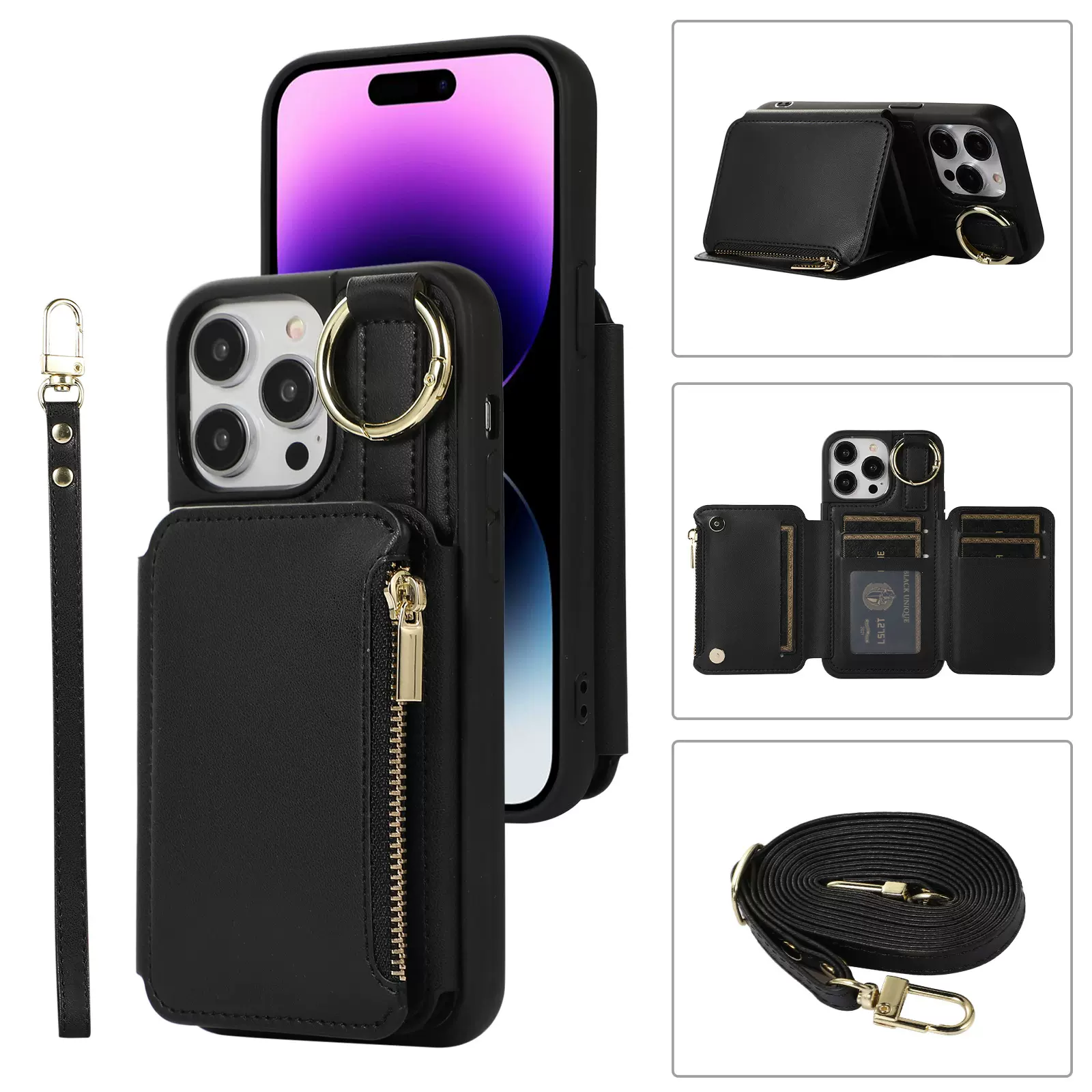 适用苹果16Promax钱包手机皮套iPhone15多功能插卡挂绳手机壳防摔