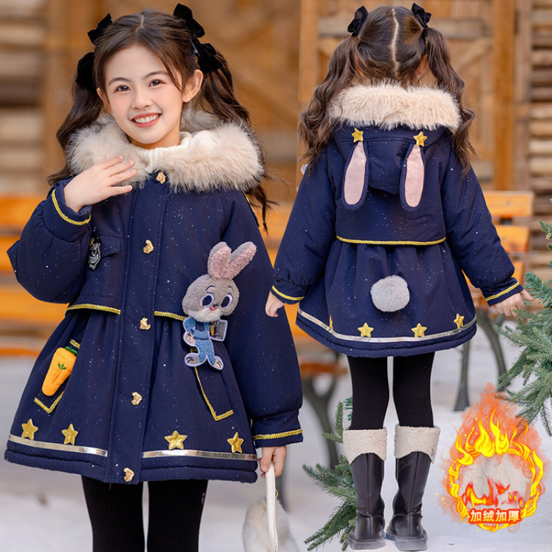 Girls' Winter Fleece-Lined Thick Parka for Older Children, Judy Rabbit Officer down Jacket