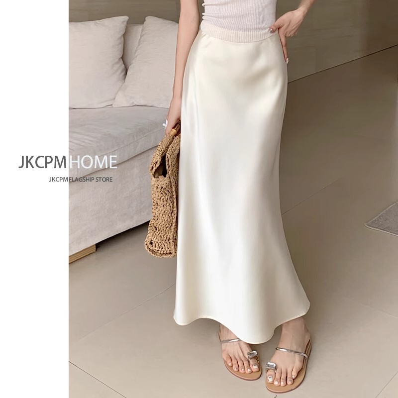 2025 apricot French Acetic Acid Satin Skirt Women's Summer New High Waist Hip Fishtail Skirt Long Skirt Slimming
