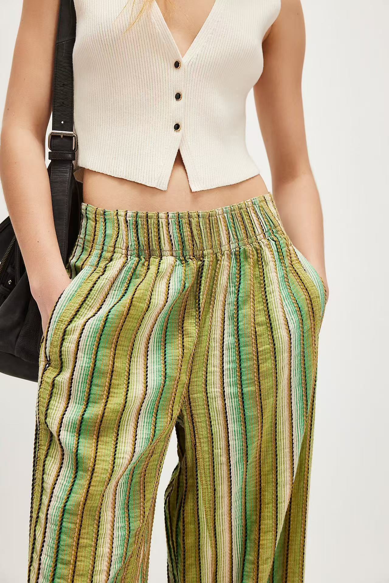 2026 Europa y los Estados Unidos transfronterizos MONA rayas pantalones de piernas anchas para mujeres primavera y otoño nuevos pantalones casuales de cintura alta y delgados para mujeres image 7