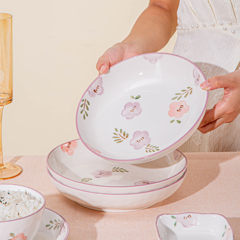 碗の高い顔の値の紫萱の花の釉薬の下で色彩の陶磁器の食器の碗の皿の組み合わせの家庭用の卸売りの贈り物のスープの碗の双耳|undefined