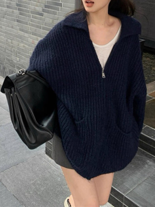秋冬新款高级感翻领拉链针织开衫女宽松慵懒风软糯加厚毛衣外套潮|undefined