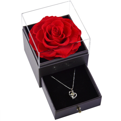 9CM Preserved Flower Acrylic Jewelry Box Real Rose Drawer Gift Box Necklace Ring Lover