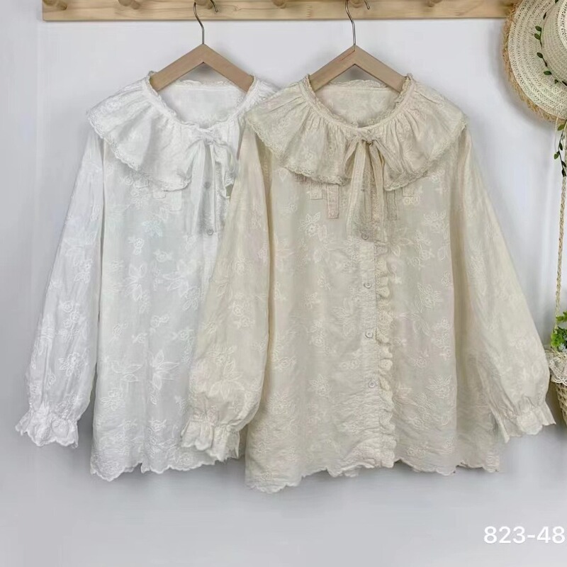 823488 Japanese Mori women's full embroidered shirt loose all-match age-reducing lace-up doll collar cardigan shirt 823488 Japanese Mori women's full embroidered shirt loose all-match age-reducing lace-up doll collar cardigan shirt