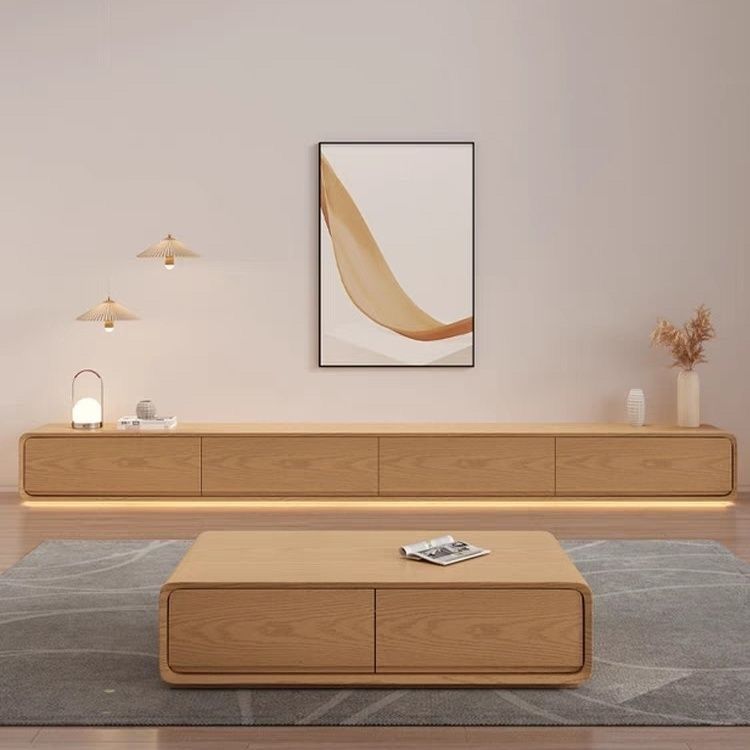 Japanese Style Simple Solid Wood Floor TV Cabinet Coffee Table Combination Modern Small Apartment Living Room Home Log Color TV Cabinet