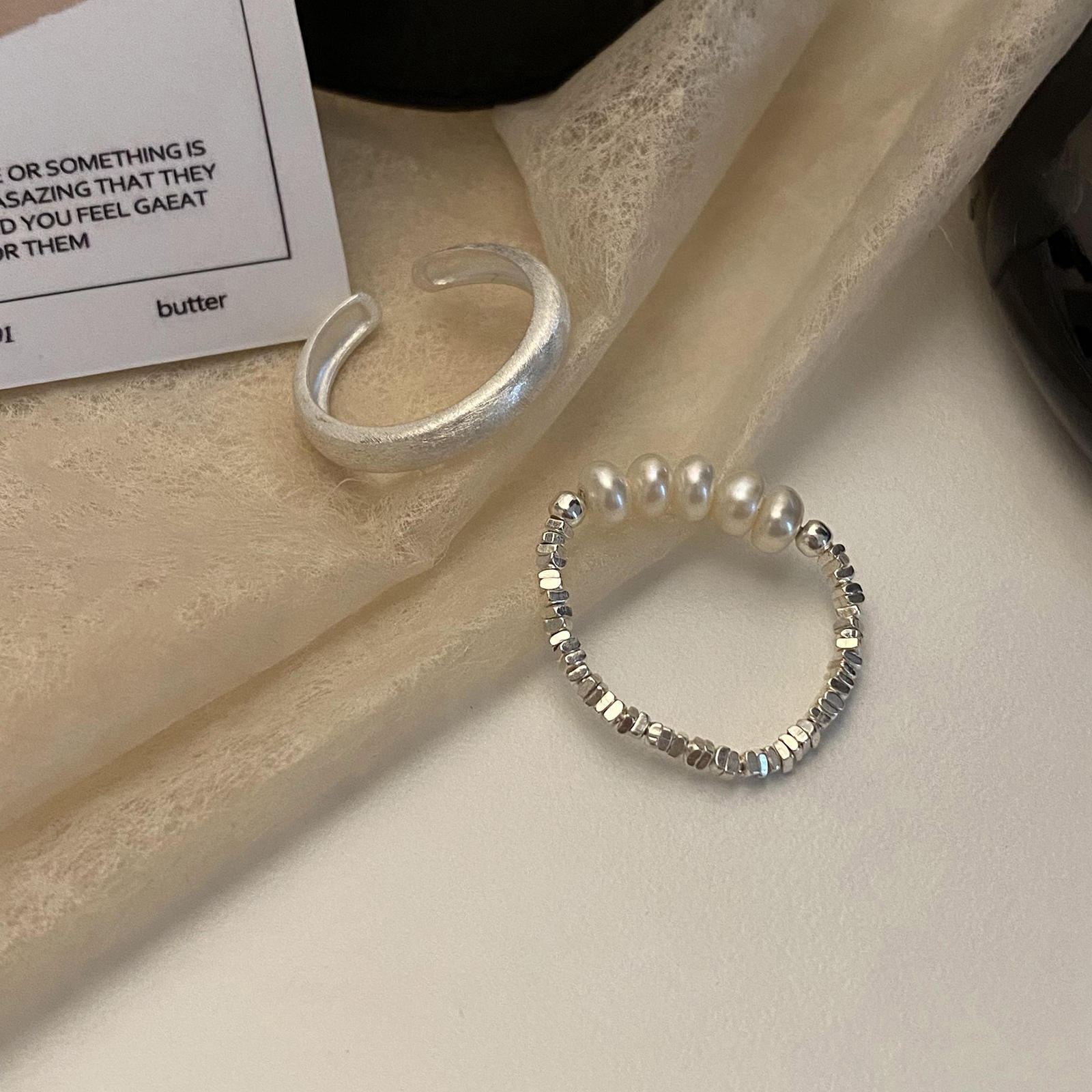 Pearl Broken Silver Ring Adjustable Brushed Minimalist Design_voghion.com