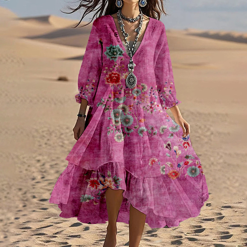 2025 Foreign Trade Hot-Selling Women's Loose Fashion Printed Long Dress Long-Sleeved Dress Mexican Style Summer Style