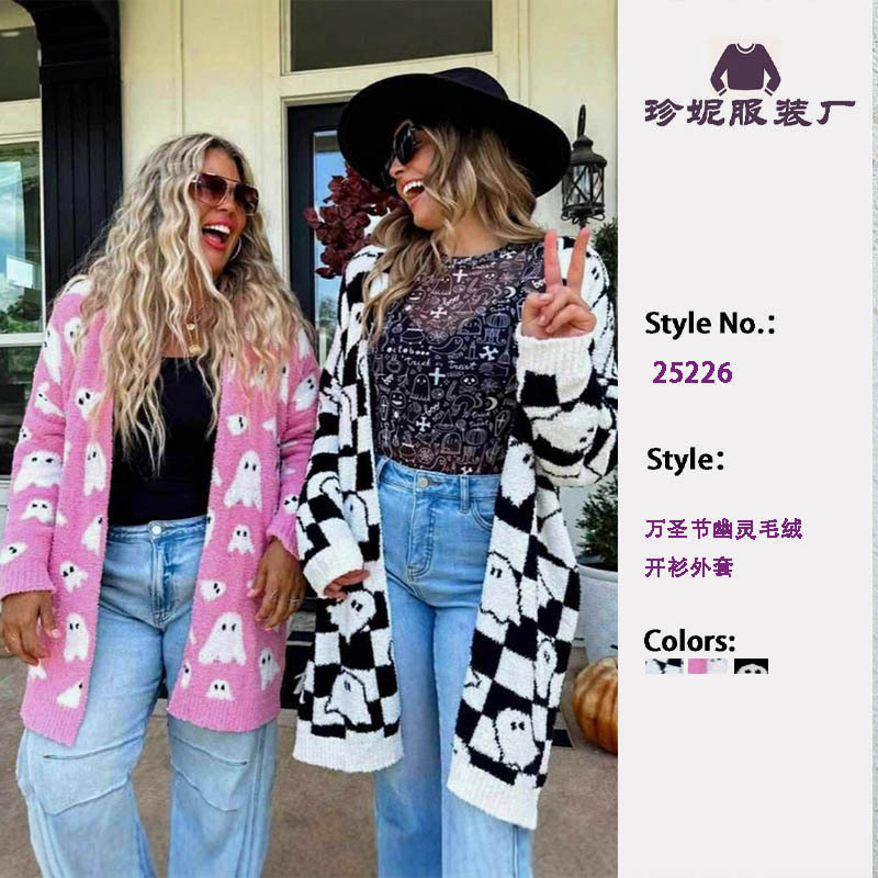 European and American Cross-Border Halloween Ghost Plush Cardigan Sweater for Women, Mid-Length Loose Lazy Style Knitted Jacket