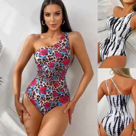 2025欧美跨境新款豹纹花朵印花三角单肩连体泳衣女外贸性感bikini
