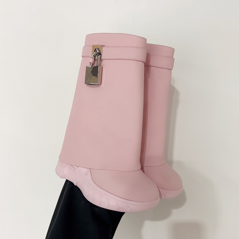 2023 early autumn new short boots thick bottom wedge litchi pattern slimming women's Martin boots round toe metal lock Knight boots