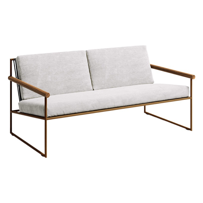 Conjunto de muebles de diseño para exteriores, sofá de teca y acero inoxidable para balcón, terraza o jardín.