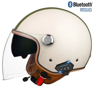 Motosiklet kaskı (dəbilqə) — certification helmet female male retro - two-color-strip-off-white-outer-length-and-inner-tea-bluetooth-m