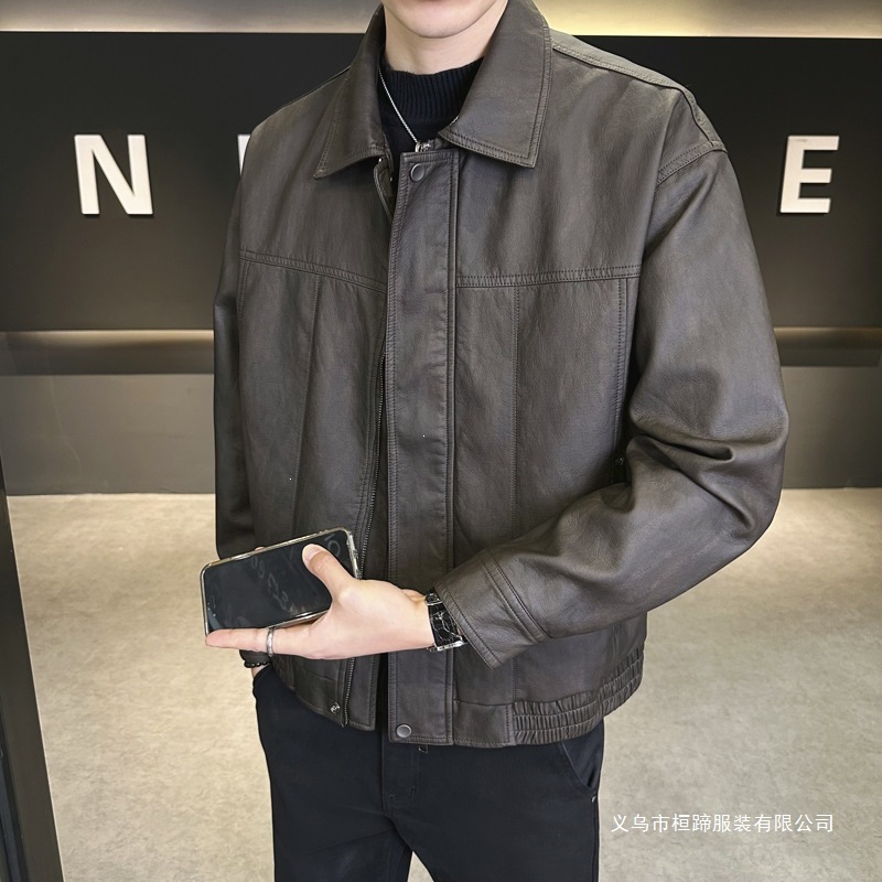 秋季男士2026新款翻领设计感皮衣外套黑色