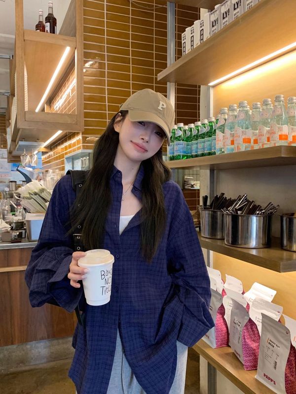 韩系复古深蓝格纹衬衫女春夏宽松休闲外套百搭港味慵懒设计感衬衣|undefined