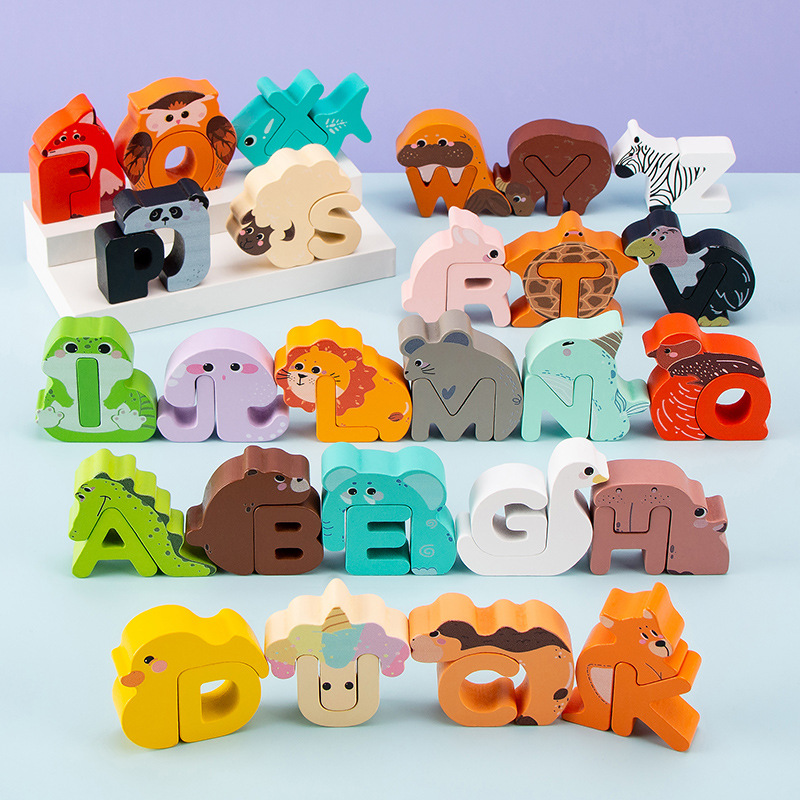 Transfronterizos de dibujos animados de madera para niños 26 letras inglesas palabras cognitiva educación temprana puzzle tranquilo juguetes