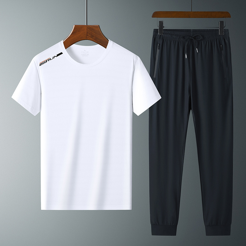 Moda pantalones de seda de hielo cuello redondo Camiseta de dos piezas para hombres talla grande suelta de secado rápido traje deportivo LOGO se puede formular