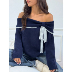 外贸新款跨境 Knitwear 露肩休闲可爱俏皮撞色蕾丝短裙