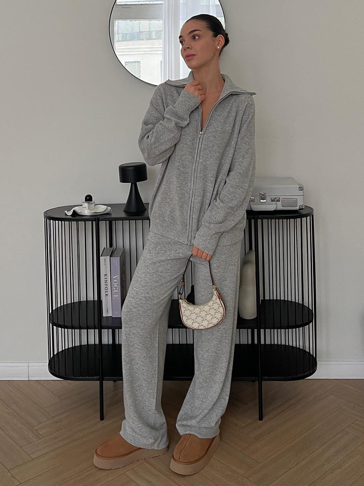Bộ áo cardigan dệt kim khóa kéo phối quần dài ống rộng nữ — màu bột yến mạch, màu nâu, màu xám, trắng chi tiết 33