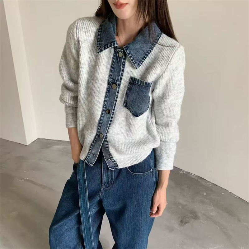 Korean-Style Design Autumn and Winter Poiol Collar Patchwork Denim Knit Cardigan Sweater for Women, Loose Fashion Jacket Top