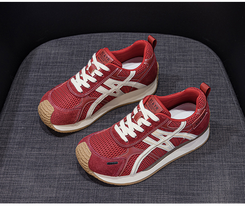Giày sneaker nữ da thật đế chunky tăng chiều cao phong cách cổ điển — M2912 phẳng màu đỏ, M2912 đáy phẳng màu be, M2912-1 nâng cao bên trong màu be, M2912-1 nâng cao bên trong màu đỏ chi tiết 14