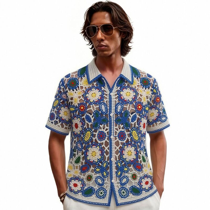 Amazon Cross-Border Men's Floral Hollow-Out Crochet Knitwear European and American Outdoor Casual Cardigan Polo Shirt Sj0059