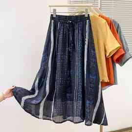 春夏季苎麻蜡染藏青色半身裙子百搭高腰宽松中长裙民族风显瘦