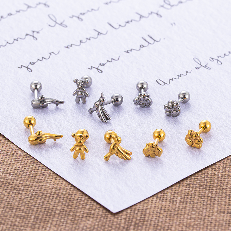 Fashion Bear Bee Stainless Steel Plating Ear Studs 1 Piece
