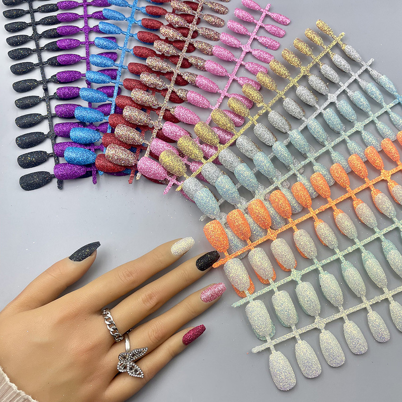 Cross-border Hot Selling European and American Short Nail Ballet Head Scarlet Powder Nail Glitter Powder Coffin Nail Super Fire Strip Fake Nails