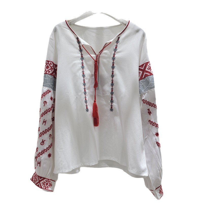 Camisa con Bordado y Manga de Linterna para Mujer de Poliéster Cuello Redondo image 5