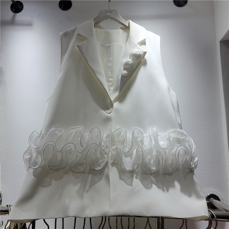 Trajes de moda europeos y estadounidenses chaleco de malla de diseño de malla de poliestirón personalidad suelta chaqueta de abrazadera de caballo para mujeres primavera y otoño nuevo