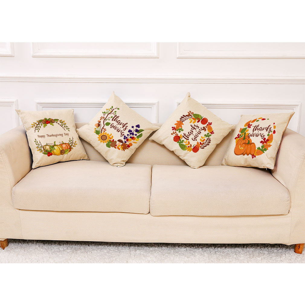 跨境专供感恩节秋季印花抱枕套南瓜车沙发靠垫套厂家批发来图定制
