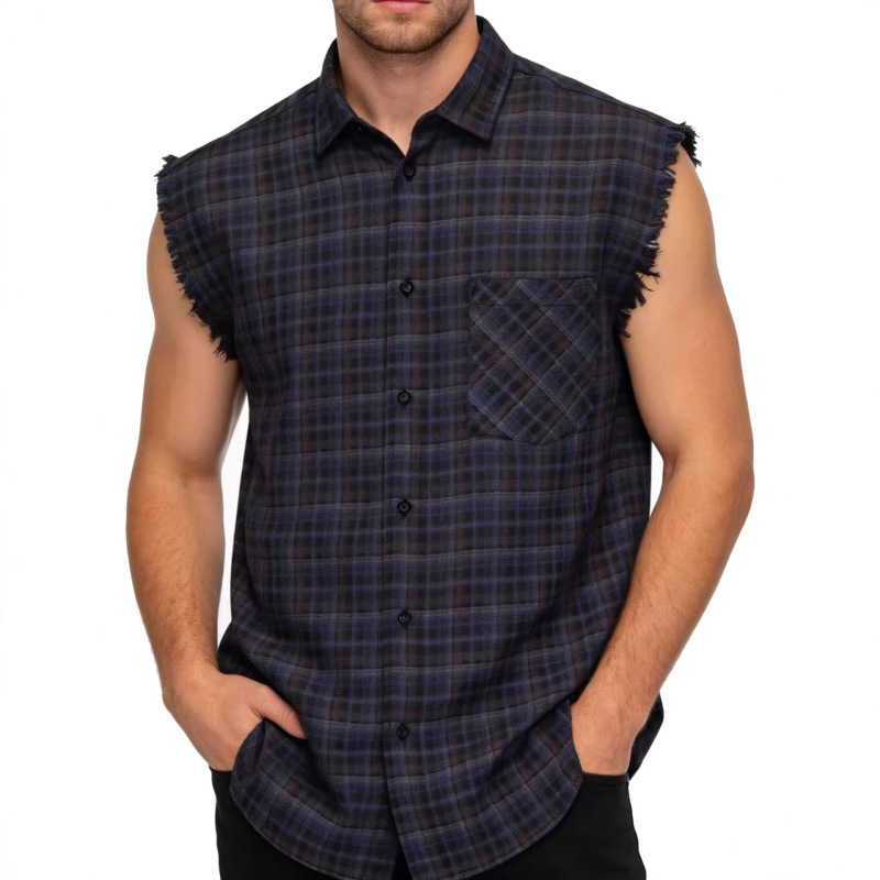 European and American Plus-Size Men's Clothing, Men's Cross-Border Sleeveless Shirt, Loose Plaid Breathable Shirt with Raw Edge Cuffs, All-Weather Trendy Style European and American Plus-Size Men's Clothing, Men's Cross-Border Sleeveless Shirt, Loose Plaid Breathable Shirt with Raw Edge Cuffs, All-Weather Trendy Style