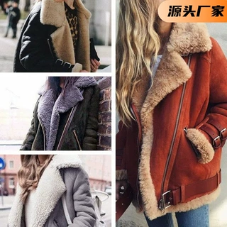 欧美ebay亚马逊wish机车鹿皮绒羊羔毛外套女翻领皮毛棉衣大衣