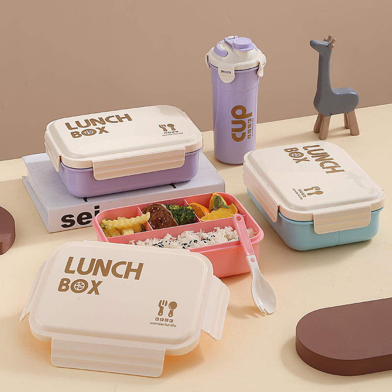 4-compartment water cup suit lunch box outdoor picnic salad fruit box microwave heating lunch box with tableware