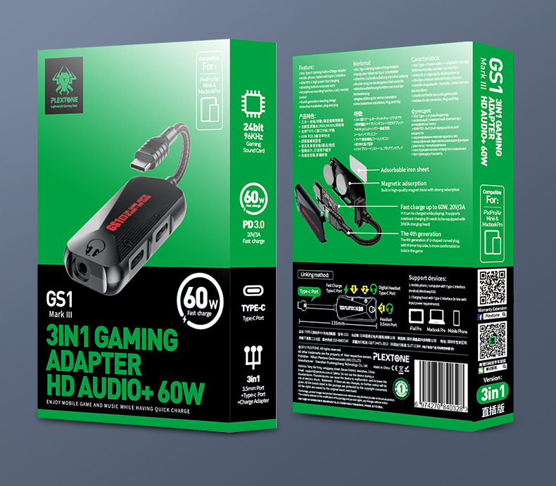 PLEXTONE Puxue GS1 USB-C Konverter Type-C Schnellladung 60W 3-in-1 Gaming Sound Card