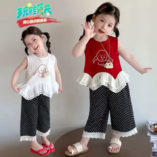 25莫代尔休闲风薄款夏季女波点韩版套装夏装女宝休闲女童上衣圆点