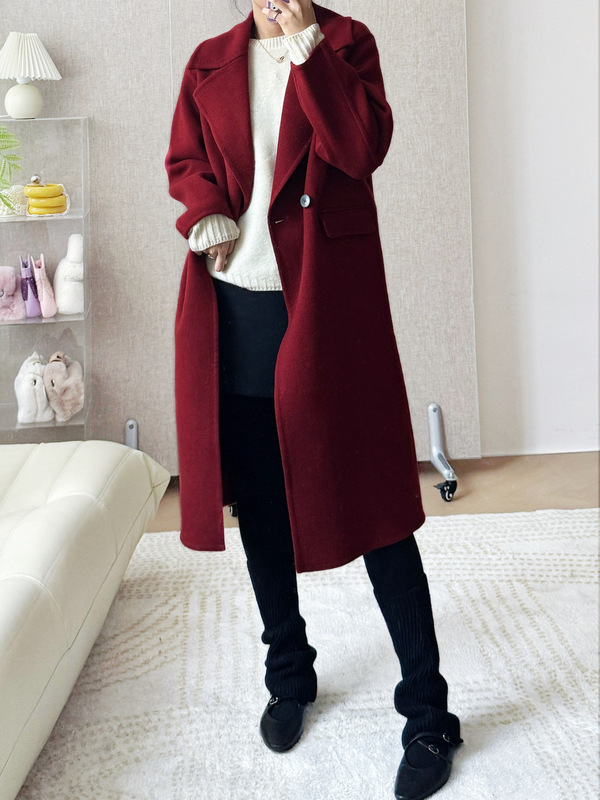 【限定特価】旧正月お祝いレッド10カシミア8ヤク両面ウールコート気質万能コクーンコート|undefined
