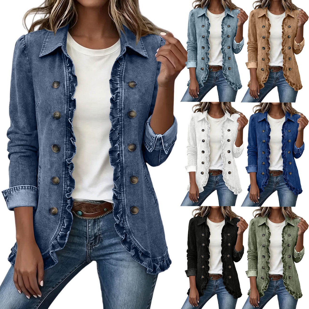 European and American style women's buttoned cardigan jacket with a turn-down collar, loose casual denim jacket, shirt-style commuter jacket
