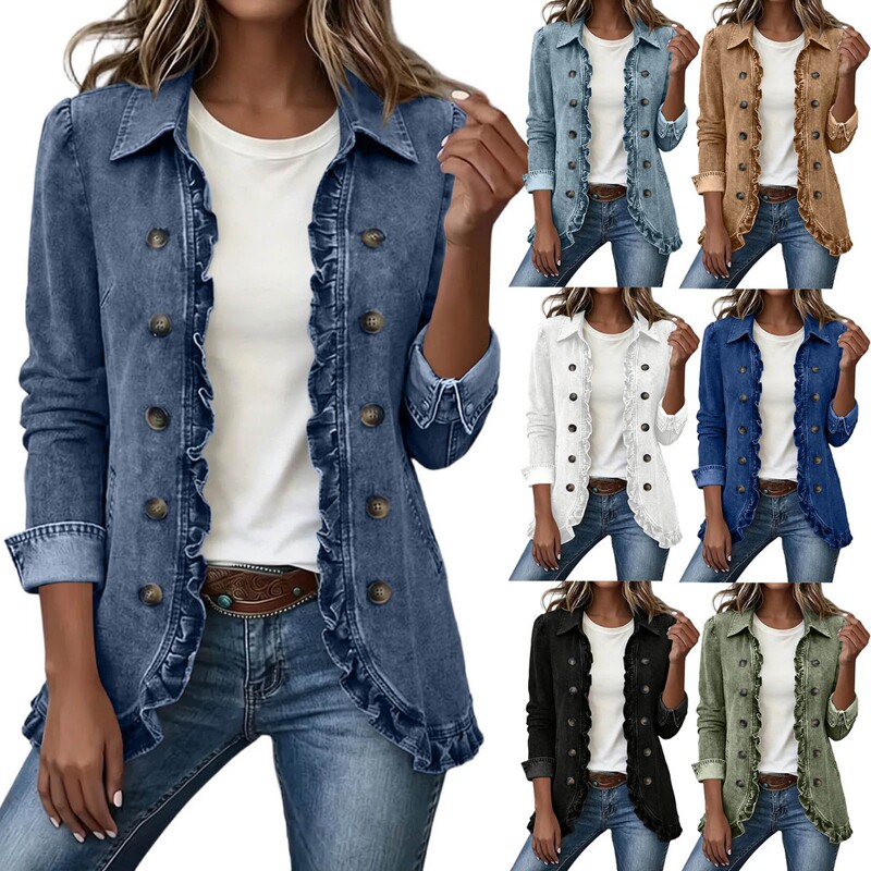 European and American style women's buttoned cardigan jacket with a turn-down collar, loose casual denim jacket, shirt-style commuter jacket