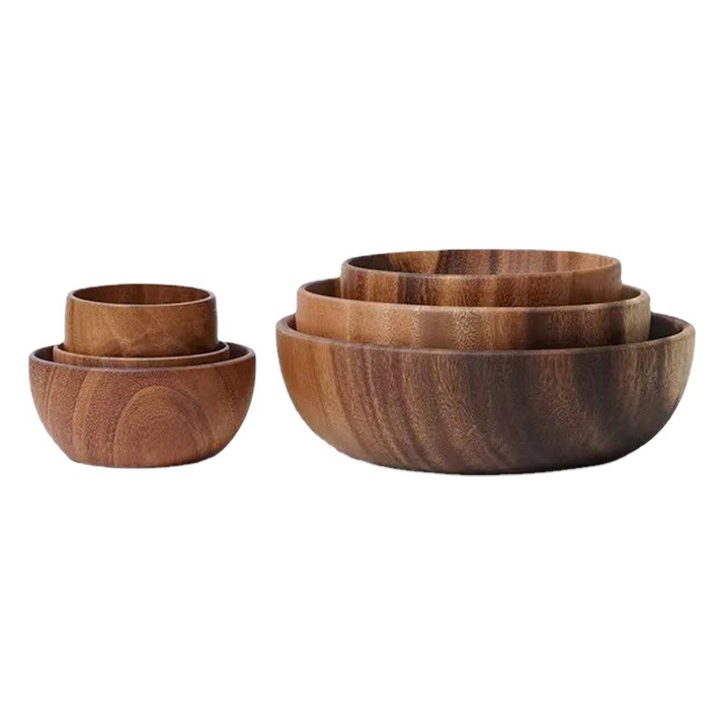 Tazón redondo de madera maciza transfronteriza tazón de fruta para el hogar vajilla de madera enferma de amor de estilo japonés tazón de color sólido tazón de ensalada de madera entera