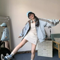 双面穿三条杠条纹拼接立领外套女春秋运动休闲情侣装夹克上衣