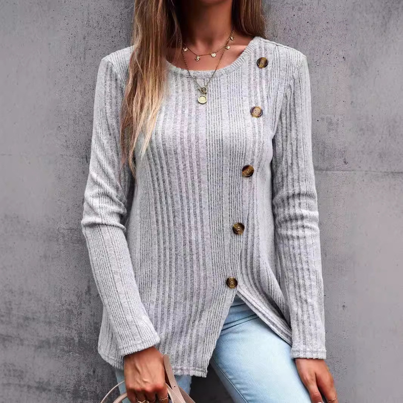 Autumn and Winter Solid Color Knitted Crewneck Long-sleeved T-shirt Women's European and American Amazon TEMU Cross-border Hot Sweater Women's Clothing