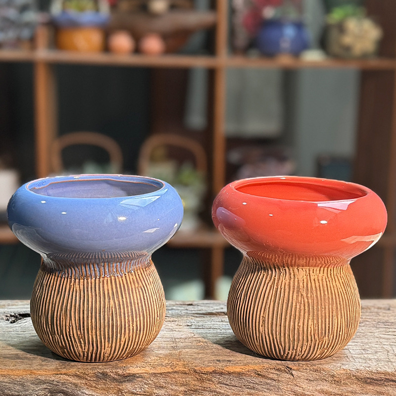 Creative Mushroom Succulent Simple Flower Pot Home Decor Ceramic Breathable Terracotta Root-Control Small Old Pile Pot
