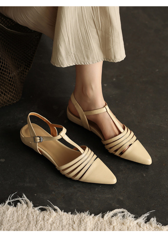 Sandal nữ hở mũi gót thấp 3 cm, quai dệt đinh tạo kiểu cổ điển — Sữa hạnh nhân chi tiết 15