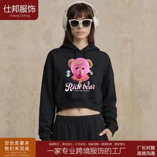 中山定制加工独立站出口RichBear头套熊卫衣女黑色短款连帽修身辣