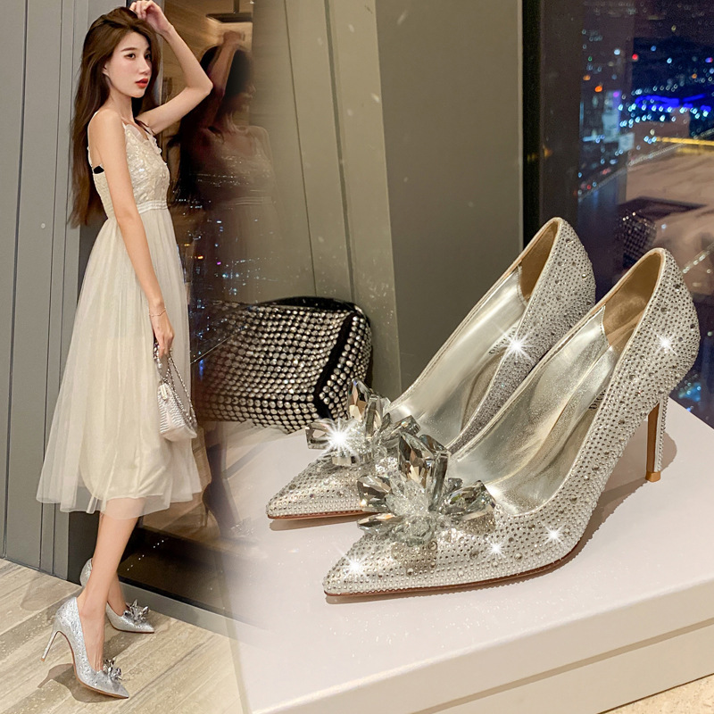 Cinderella Crystal Shoes Thin Heeled Pointed Shallow Mouth Single Shoes Rhinestone plus size Bridal Shoes 43 Yards High Heeled Wedding Shoes for Women