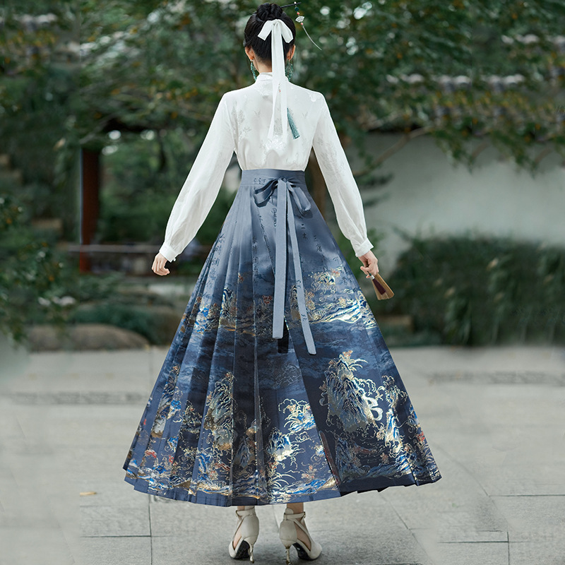 New Chinese-Style Women's Clothing with National Style, Fleece-Lined Jacquard Stand-Up Collar, Disc Buckle, One-Piece Heavy-Duty Gold Embroidery Horse-Faced Skirt Two-Piece Set