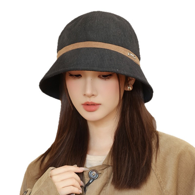 女性用の秋冬のファッショナブルな帽子、カジュアルで多用途なコーデュロイフィッシャーマンハット、レトロな暖かい盆地帽子、大きな頭囲、顔が小さく見える|undefined